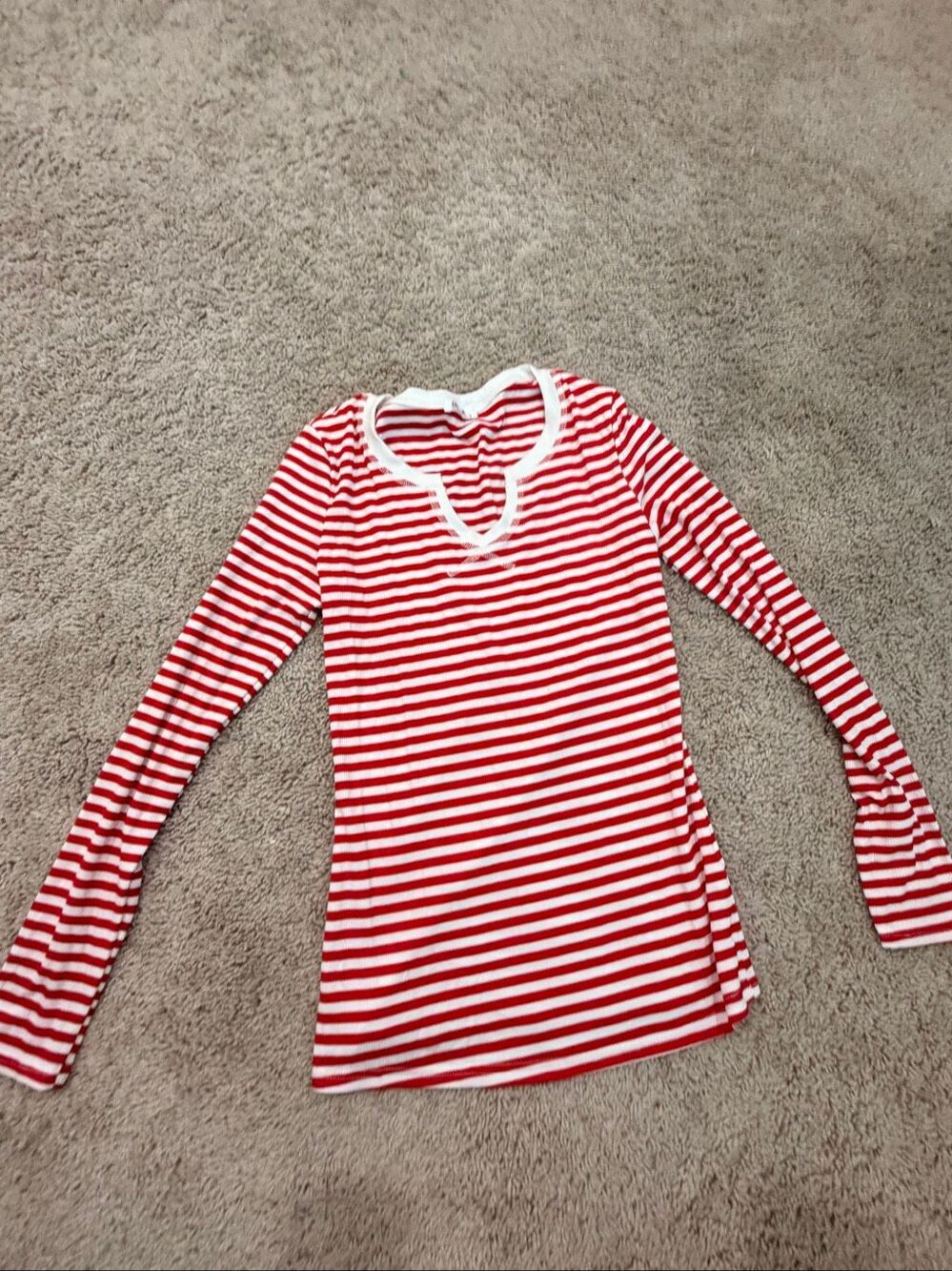 Ekouaer Red White Striped V-Neck Long Sleeve Thermal Top Shirt Size Small S
